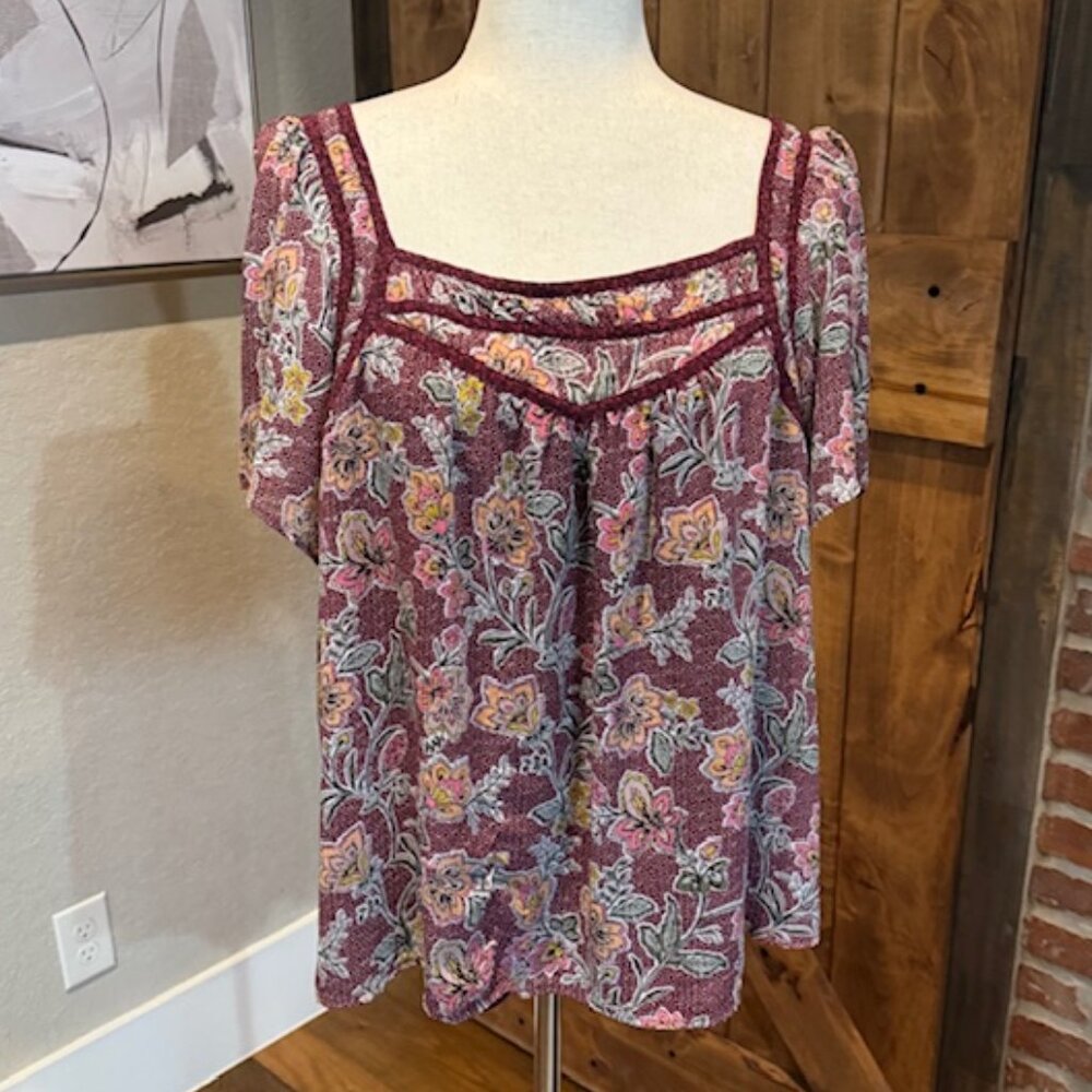 LOFT Boho Floral Peasant Top – Size Large – Burgundy Multicolor